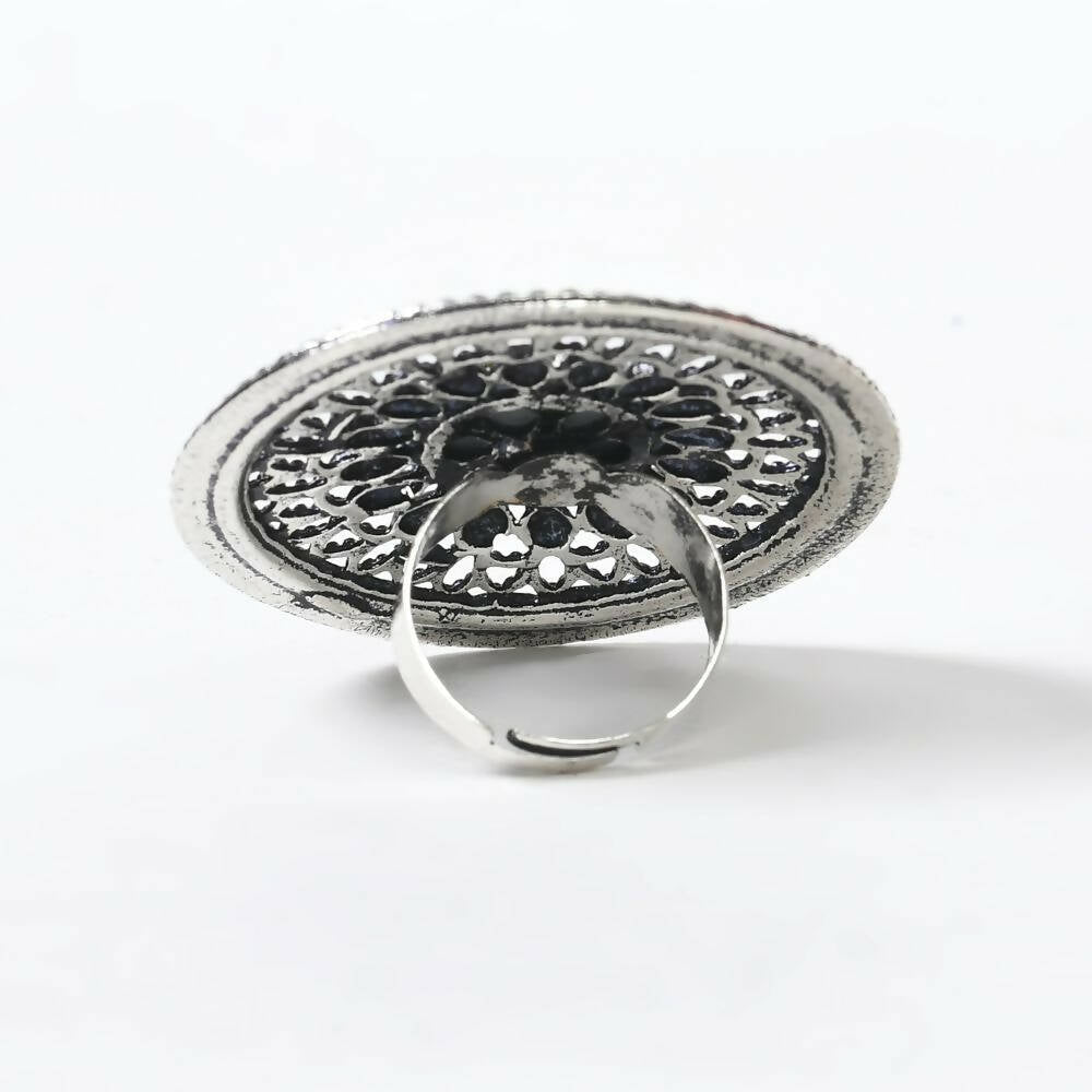 Mominos Fashion Joharkamal Oxidised Silver-Toned Adjustable Finger Ring | Grocsy