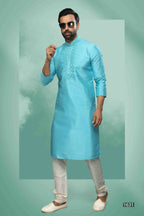 Raivat Ethnic Art Silk Mirror Embroidery Work Kurta Pajama In Sky Blue Colour | Grocsy