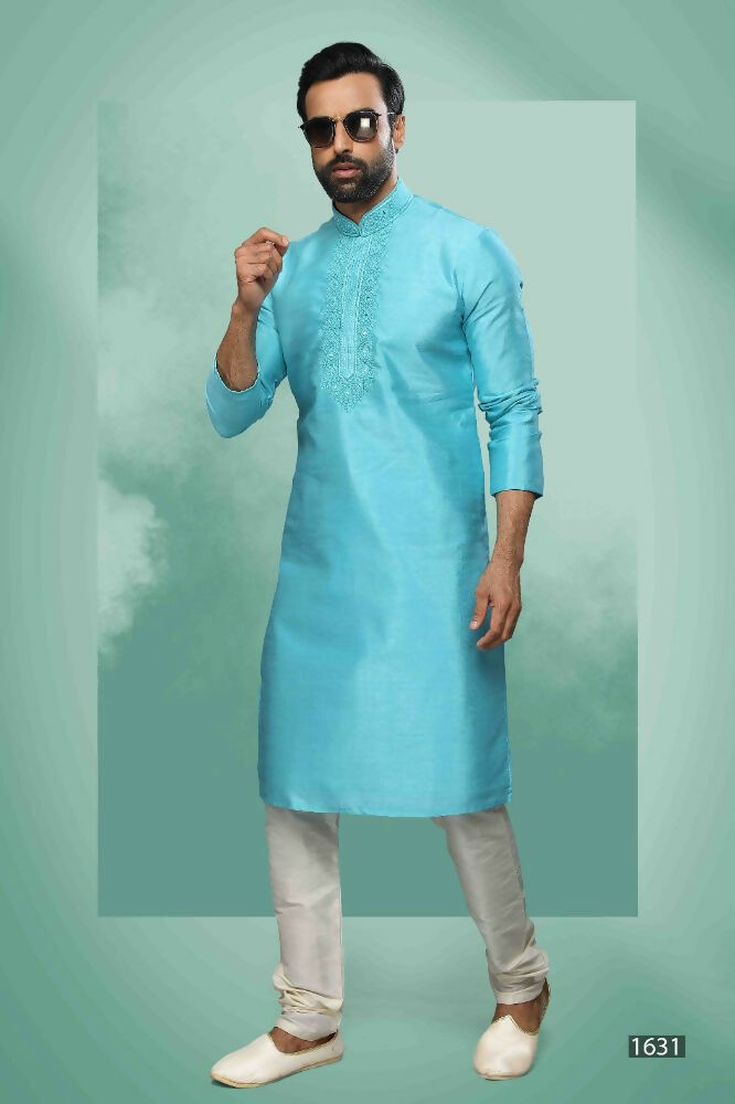 Raivat Ethnic Art Silk Mirror Embroidery Work Kurta Pajama In Sky Blue Colour | Grocsy