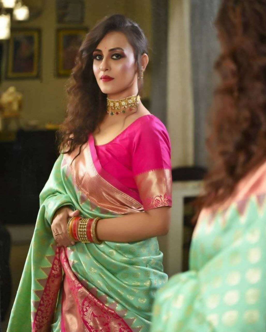 DEIANA'S Beautiful Designer Golden zari Soft Lichi Silk Saree - Pista | Grocsy