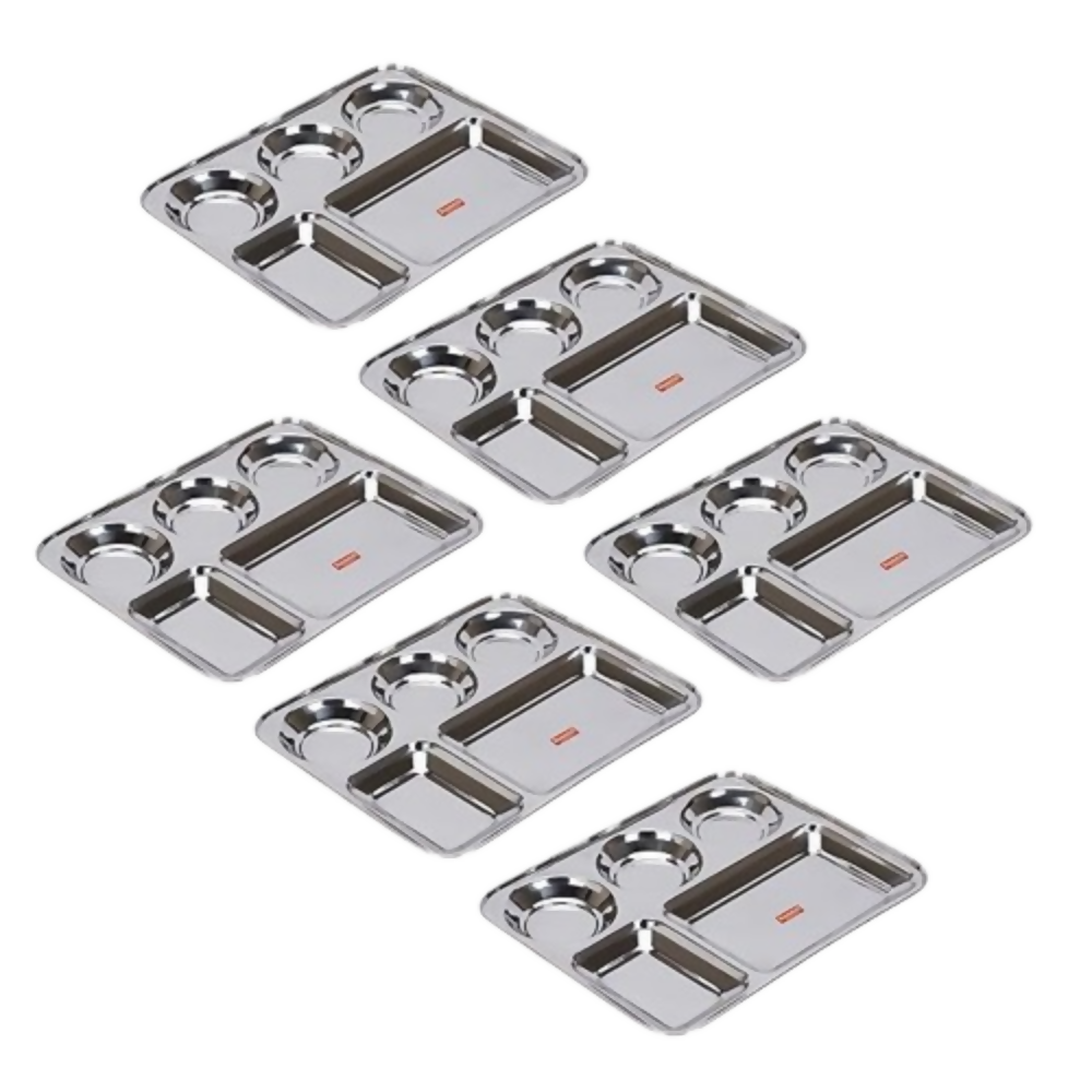 Sumeet Stainless Steel Rectangular 5 in 1 Compartment Lunch/Dinner Plate - small | Grocsy