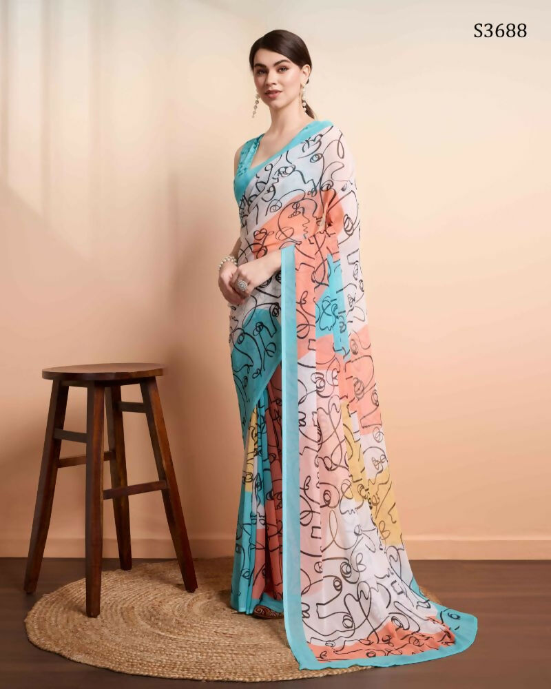 Multi Georgette Designer Printed Party Wear Saree - Cinderella | Grocsy
