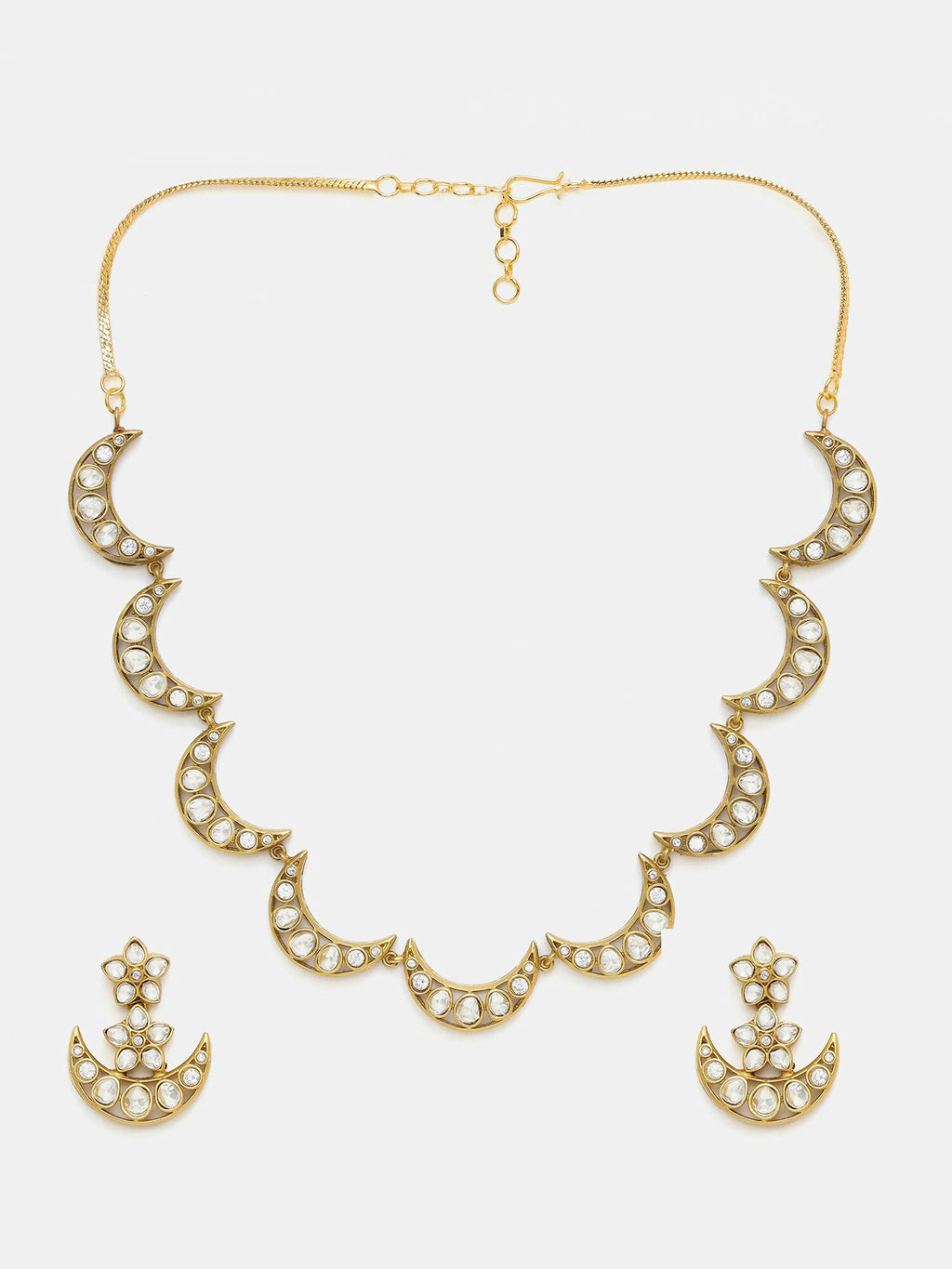 Ruby Raang Gold Polished Kundan Work Gold Half Moon Kundan Necklace With Earrings | Grocsy
