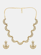 Ruby Raang Gold Polished Kundan Work Gold Half Moon Kundan Necklace With Earrings | Grocsy