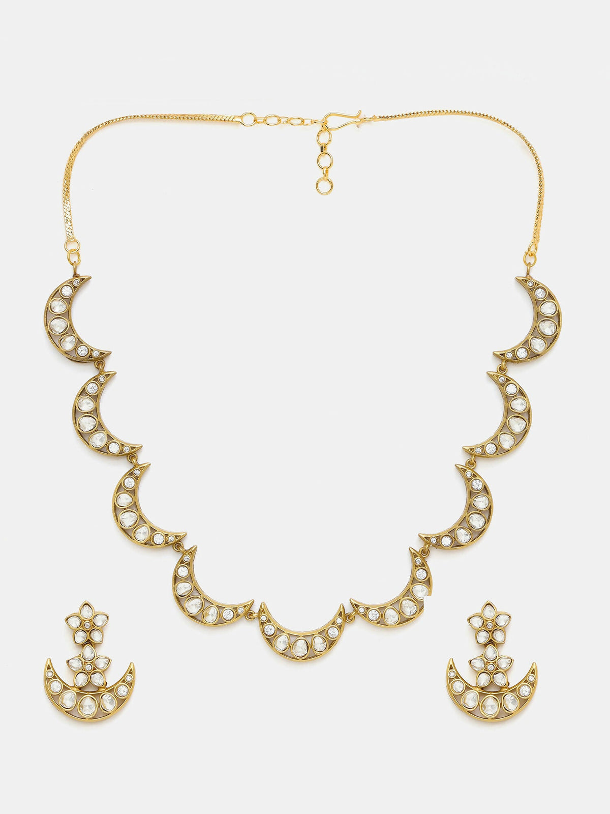 Ruby Raang Gold Polished Kundan Work Gold Half Moon Kundan Necklace With Earrings | Grocsy