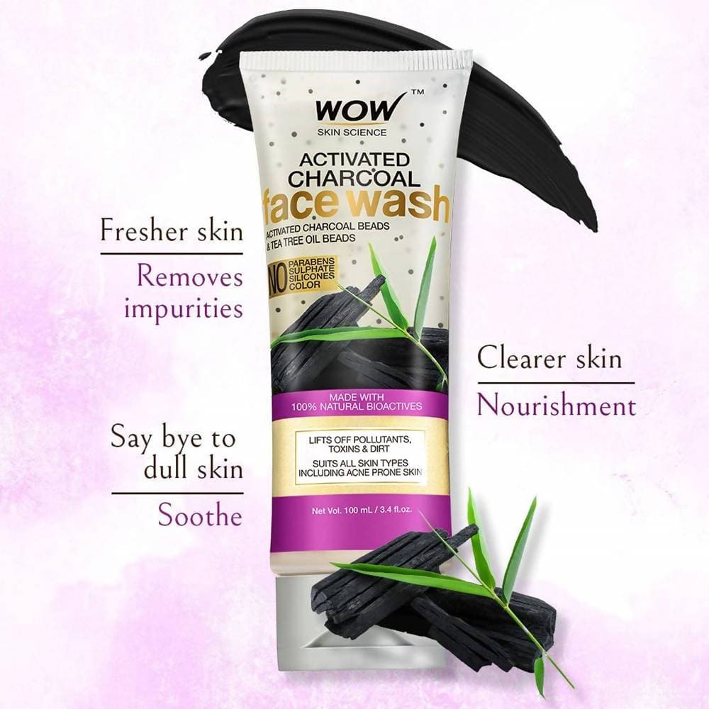 Wow Skin Science Charcoal + Glycolic Acid Detoxifying Face Wash for Oil Control + Gentle Exfoliation with Tea Tree & Aloe | Grocsy