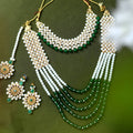 Mominos Fashion Johar Kamal Gold-Polished Rani Haar with Cream Green and Off white Pearls Jewellery Set