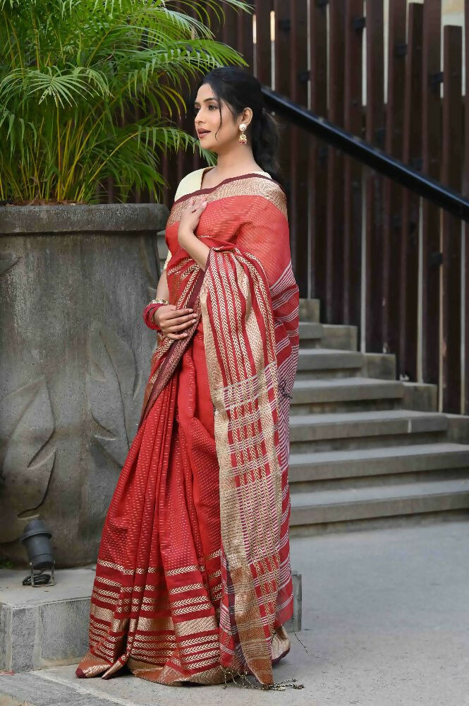 Beatitude Red Cotton Stripes Border Handloom Saree | Grocsy