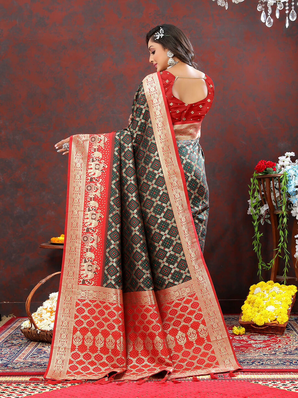 Lorenvalley Fashion Green & Red Patola Silk Woven Design Meenakari Weaving Saree | Grocsy