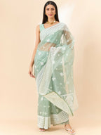 Green Organza Geometric Embroidered Saree with Unstitched Blouse Piece - Roozal | Grocsy