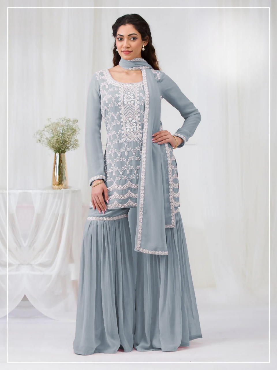 Anaita Sky Blue Faux Georgette Stitched Suit with Embroidery Cotton Thread & Sequence Work | Grocsy