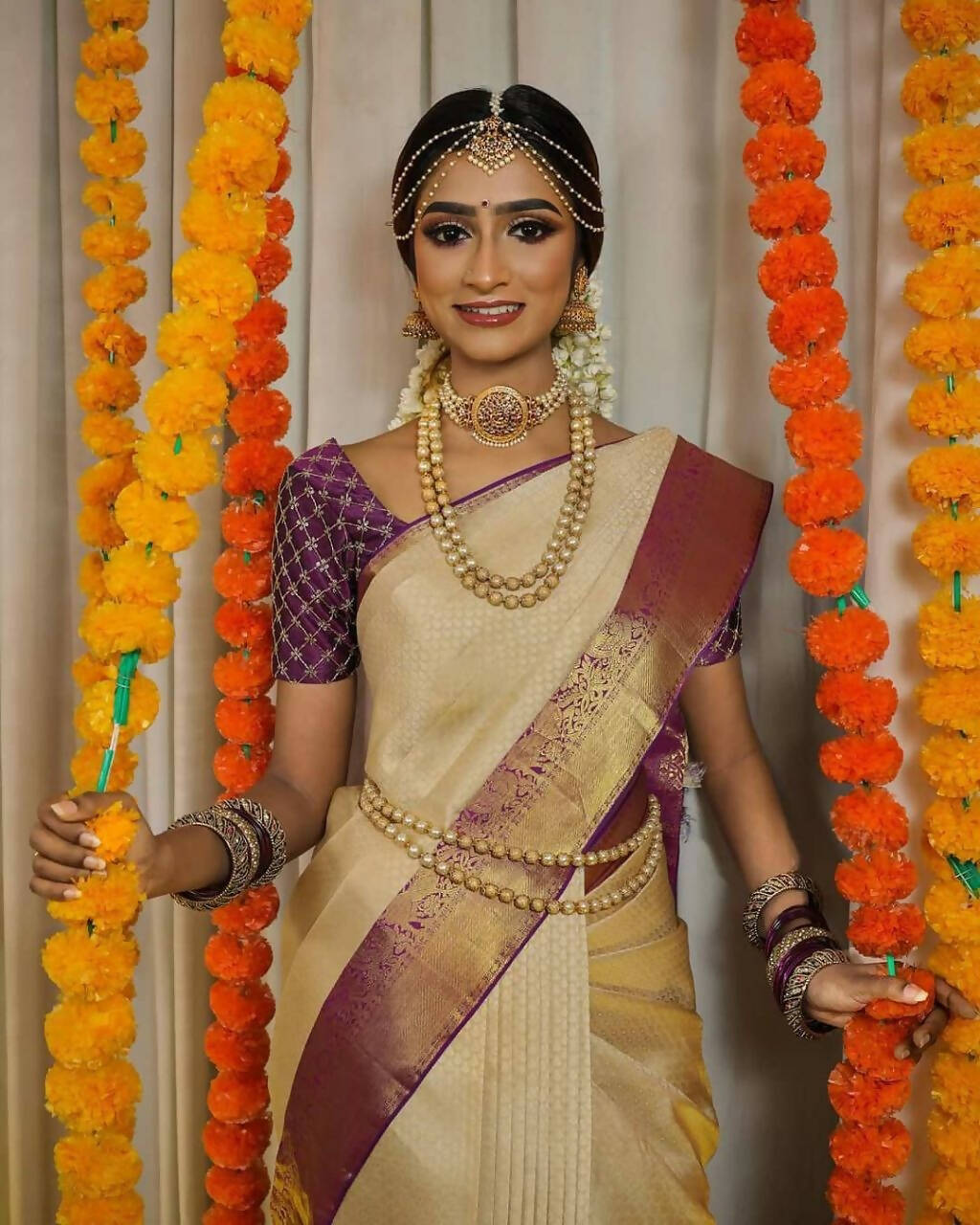 DEIANA'S Beautiful Designer Golden zari Soft Lichi Silk Saree - Cream | Grocsy