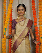 DEIANA'S Beautiful Designer Golden zari Soft Lichi Silk Saree - Cream | Grocsy