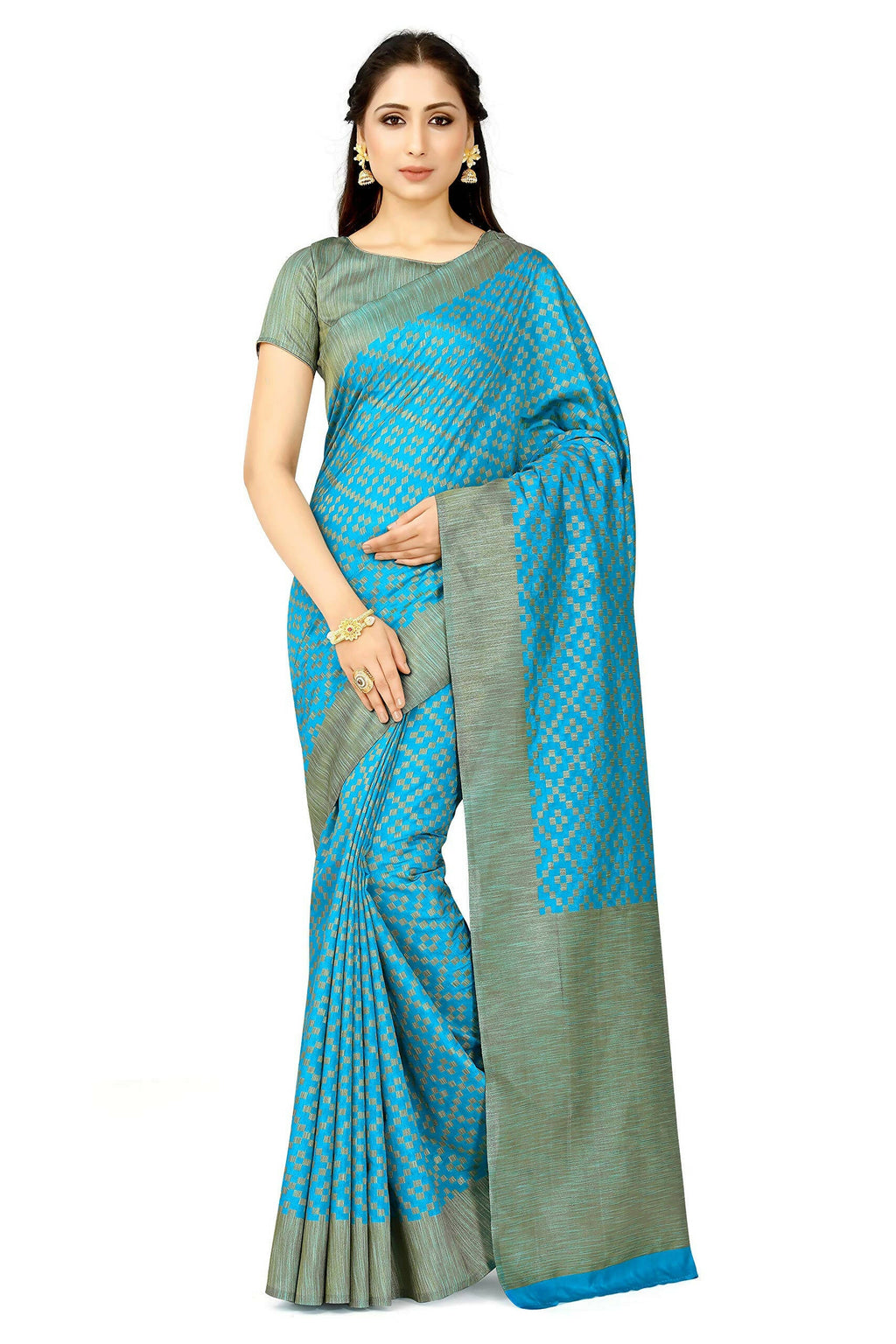 Mimosa Women's Patola Art Silk Turquoise Blue Saree | Grocsy