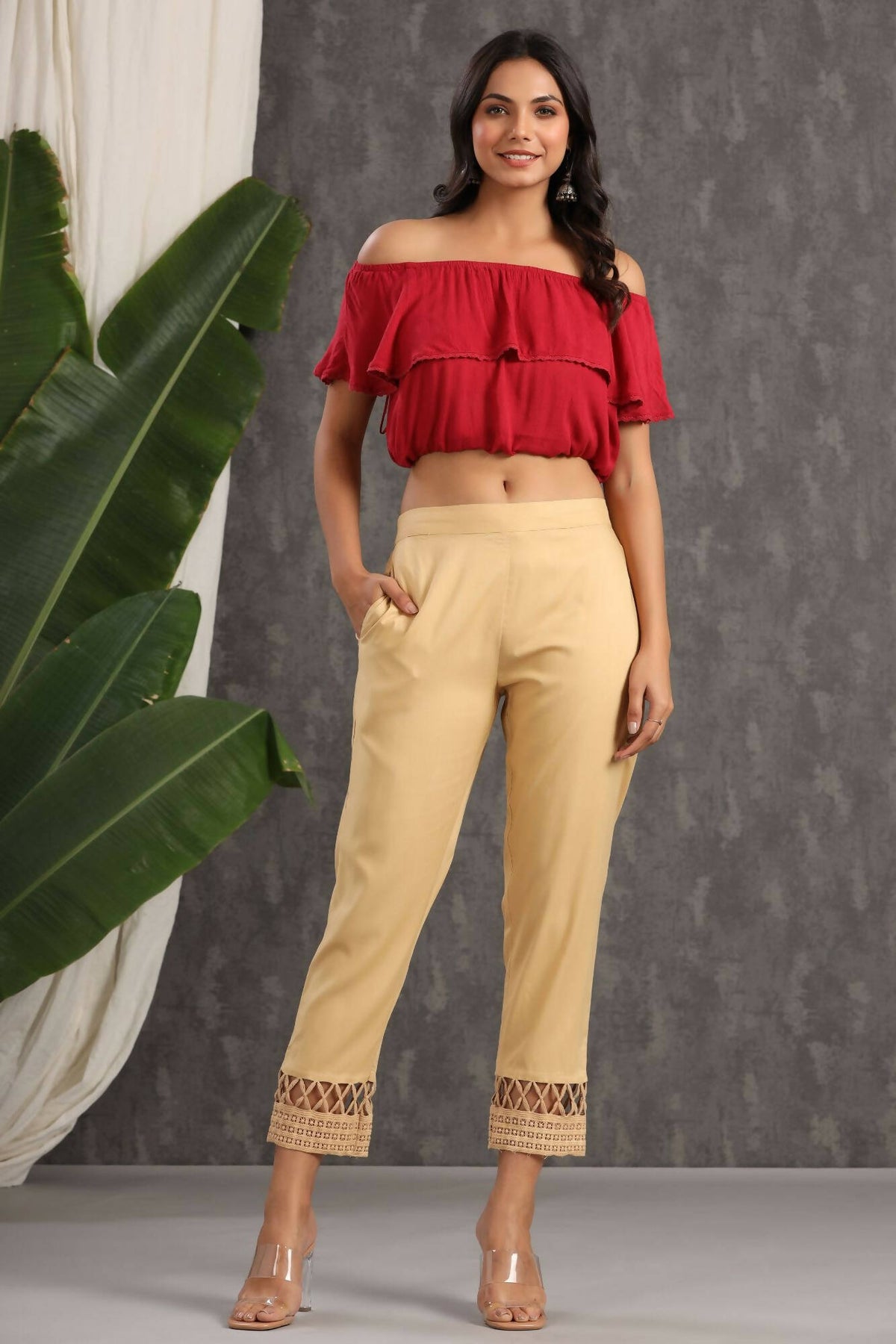 Juniper Women Gold Rayon Solid Slim Fit Pant/Slim Pant | Grocsy