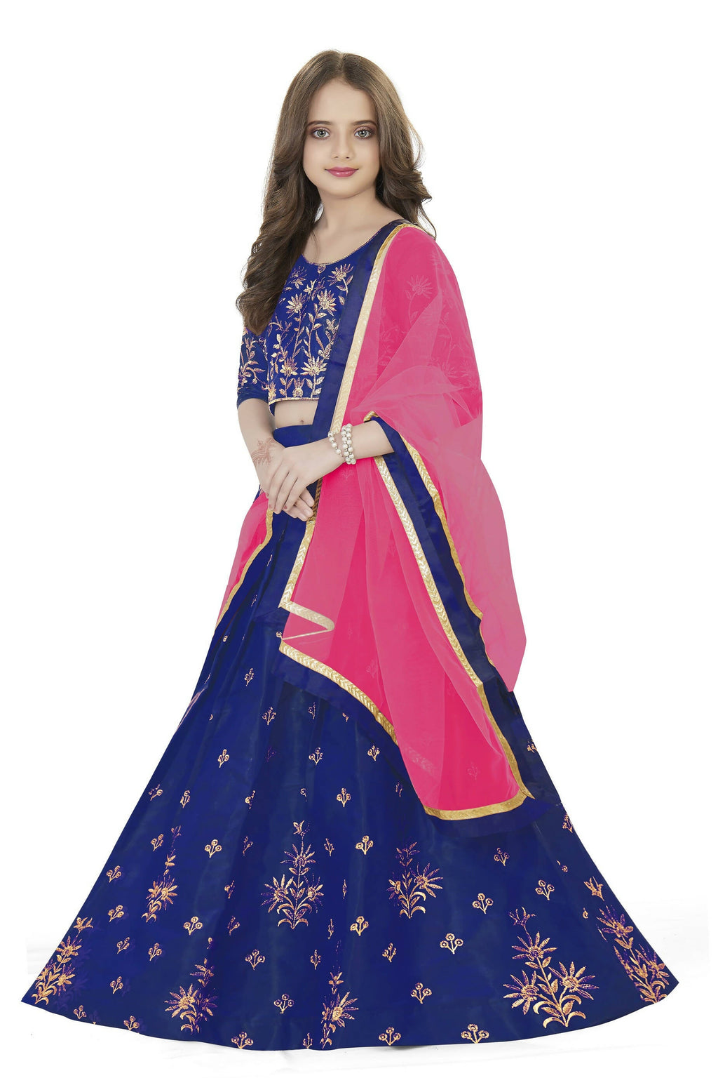 Dwiden Royal Blue Rohini Tafetta Sattin Semi-Stitched Girl's Lehenga Choli | Grocsy