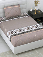 DREAM WEAVERZ Beige Checked 220 TC Glazed Cotton Bedsheet with Pillow Covers | Grocsy