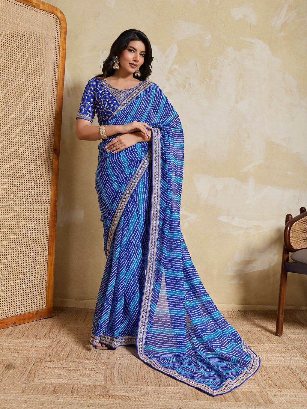 Teeya Creation New Trendy Leheriya Bandhani Georgette Saree For Daily Wear -Blue | Grocsy