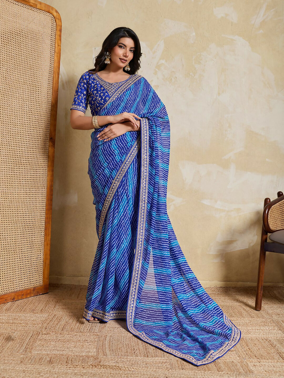 Teeya Creation New Trendy Leheriya Bandhani Georgette Saree For Daily Wear -Blue | Grocsy