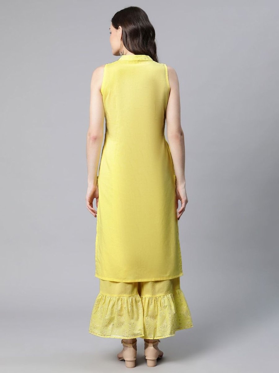 Ahalyaa Women Yellow Colour Pure Cotton Glitter Print Kurta Palazzo Set | Grocsy