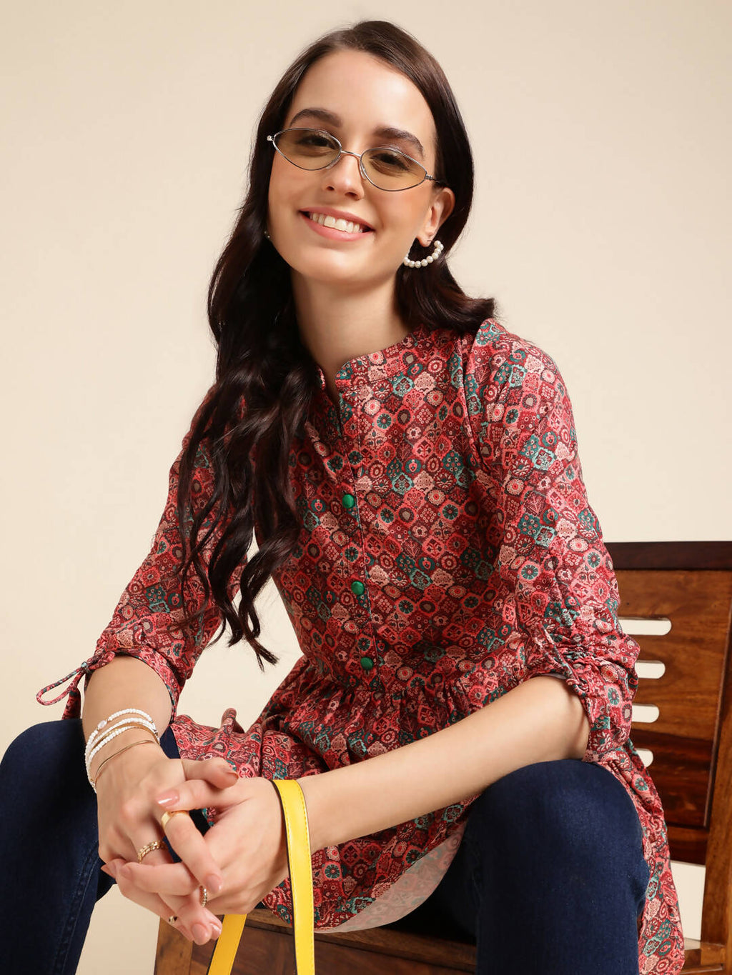 Red Poly Rayon Digital Printed A-line Top - Tarini | Grocsy