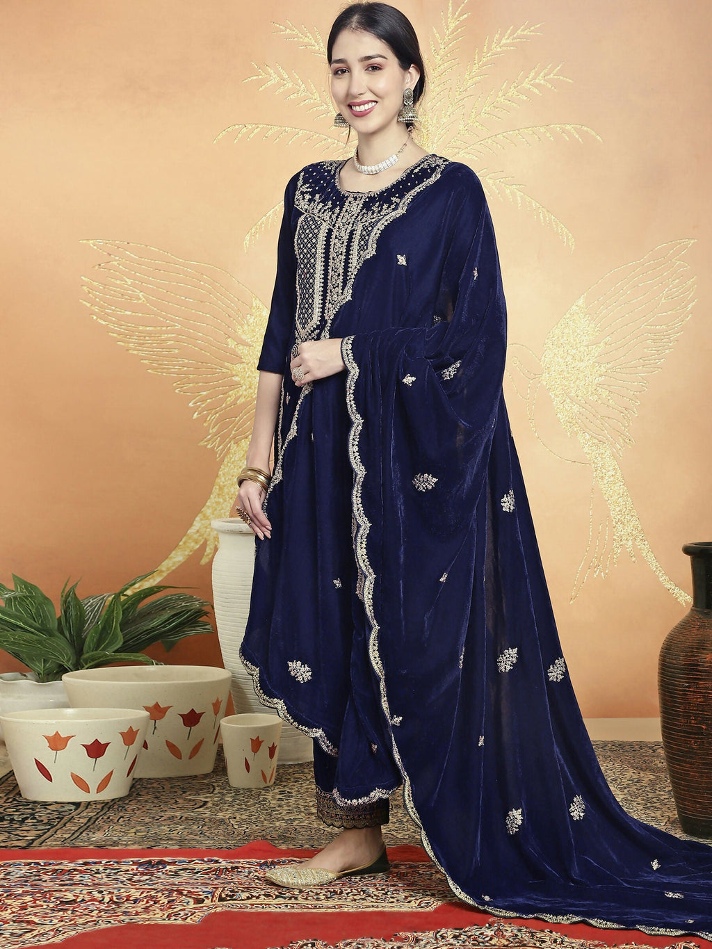 Jyoti Fashion Women's Navy Blue Velvet Cording with Resham Thread & Sequin Kurta with Trouser & Dupatta | Grocsy