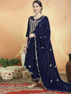 Jyoti Fashion Women's Navy Blue Velvet Cording with Resham Thread & Sequin Kurta with Trouser & Dupatta | Grocsy
