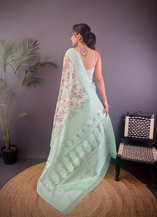 Elora Cyan Blue Silk Floral Motifs Coppery Tone Contrast Floral Border Banarasi Saree | Grocsy