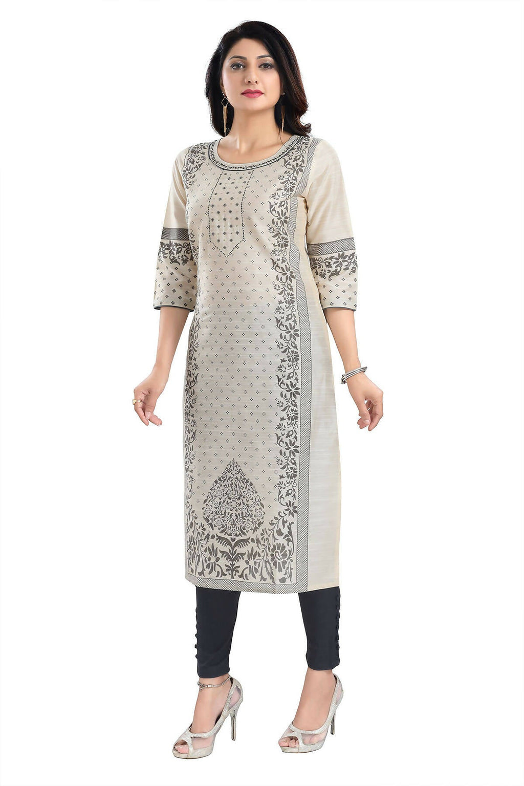 Snehal Creations Cream Raw Silk Block Print Long Kurta For Women | Grocsy