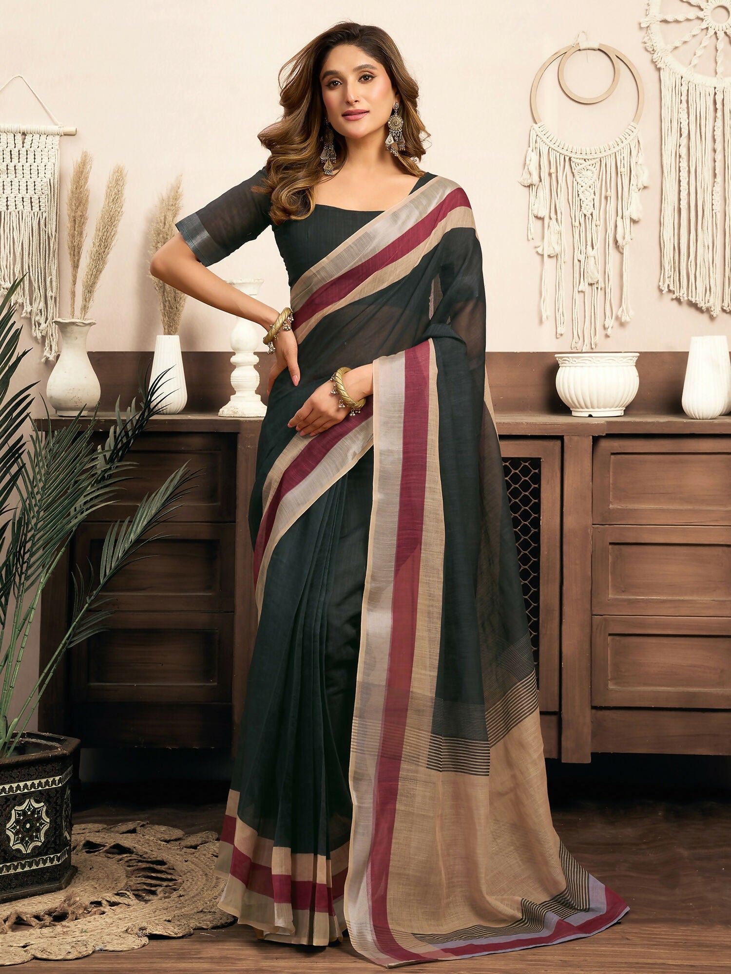 Joban Fashion  Black Solid Linen Ready To Wear Saree With Unstitched Blouse | Grocsy