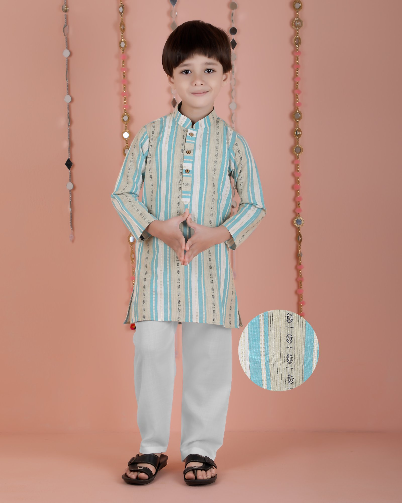 Joban Fashion Kids Island Cotton Full Sleeves Striped Kurta and Pyjama- Blue | Grocsy