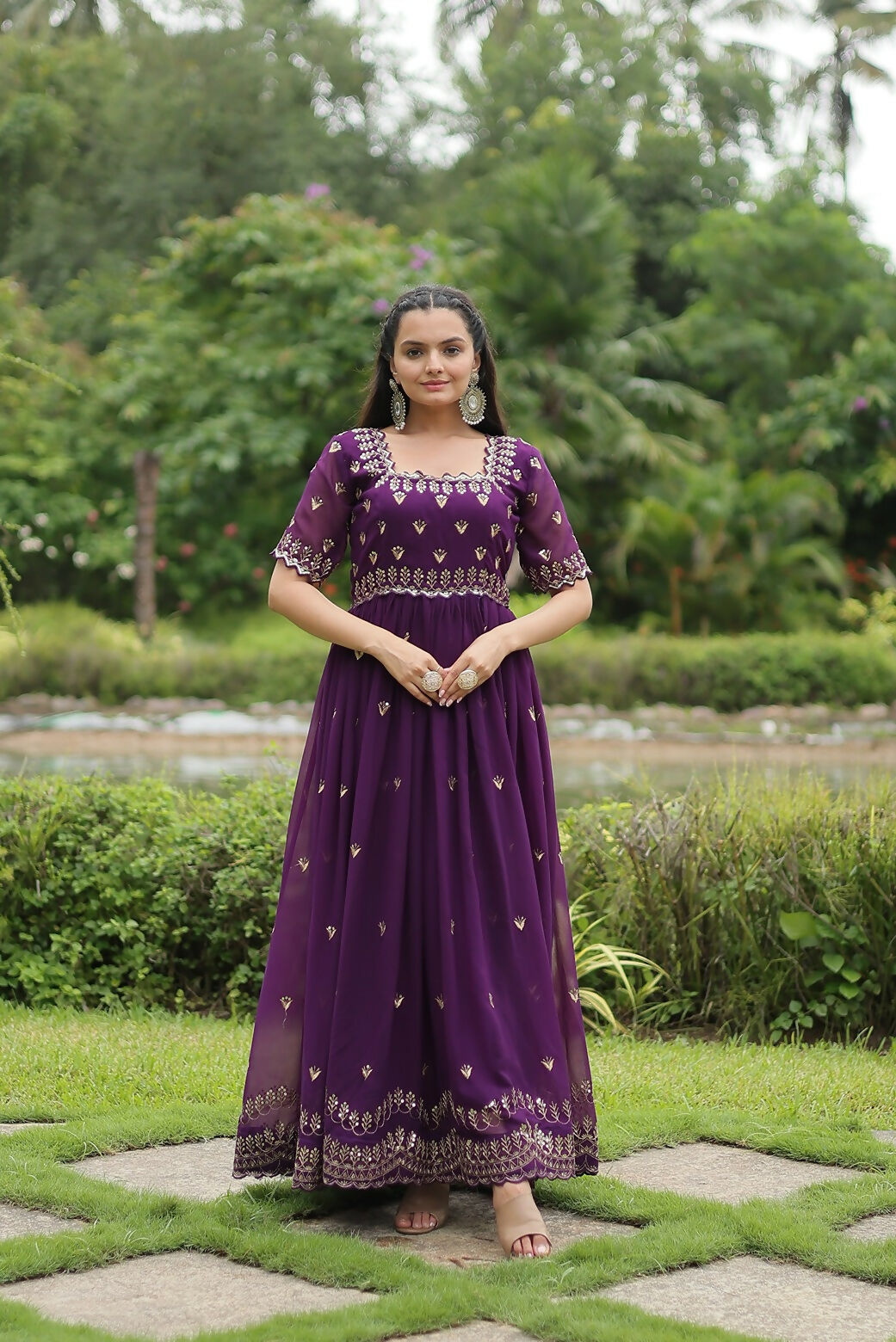 Joban Fashion Purple Georgette Sequence Embroidery Work Gown | Grocsy