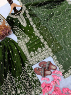 Teeya Creation Green Pure Silk Gimmy Silk Heavy Embroidery Work Wedding Wear Palazzo Pair | Grocsy
