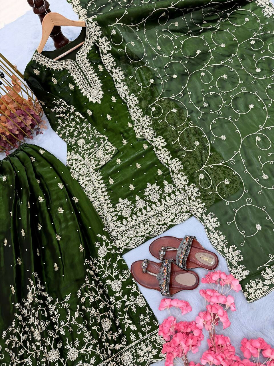 Teeya Creation Green Pure Silk Gimmy Silk Heavy Embroidery Work Wedding Wear Palazzo Pair | Grocsy