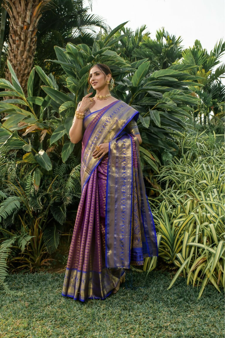Jyoti Fashion Women's Purple Kanjivaram Silk Zari Woven Saree with Blouse | Grocsy