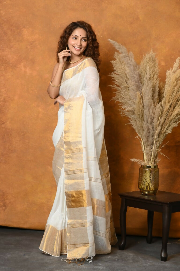 Very Much Indian Handloom Pure Cotton Linen Saree With Golden Border - White | Grocsy