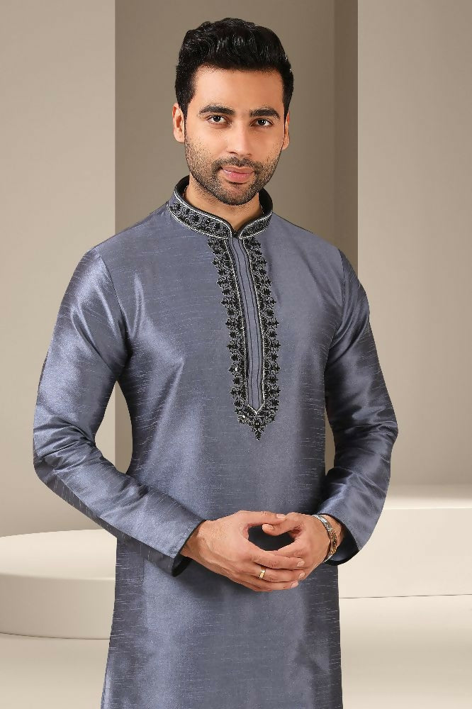 Raivat Ethnic Banarasi Art Silk Mirror Work Kurta Pajama In Dark Grey Colour | Grocsy