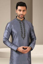 Raivat Ethnic Banarasi Art Silk Mirror Work Kurta Pajama In Dark Grey Colour | Grocsy
