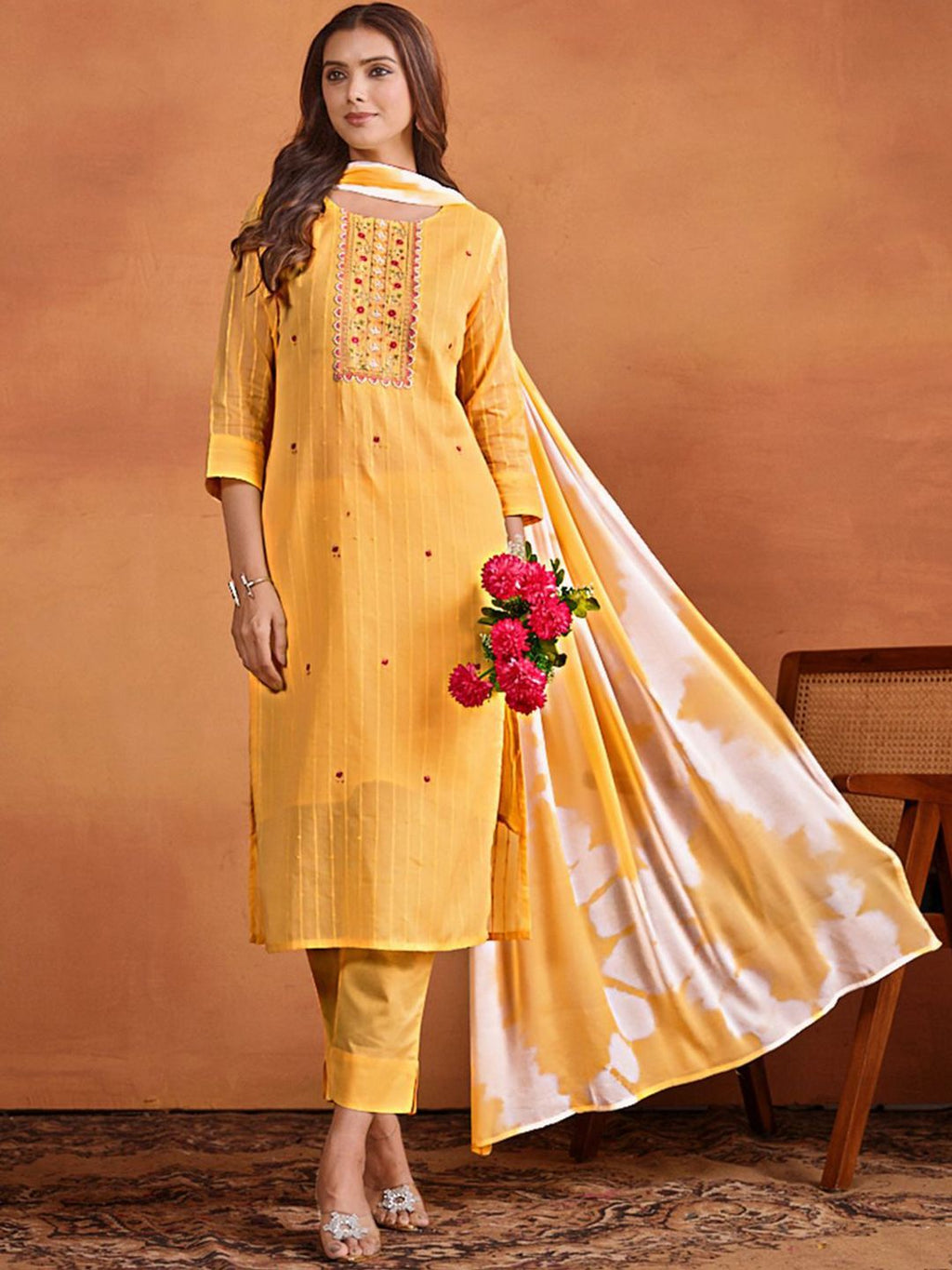 Sangria Ethnic Motifs Embroidered Thread Work Chanderi Silk Kurta with Trousers & Dupatta | Grocsy
