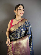 Prime Volt Pure Handloom Kanjivaram Katan Silk Saree with Antique Zari & Contrast Pallu-Deep Vibrant Blue | Grocsy