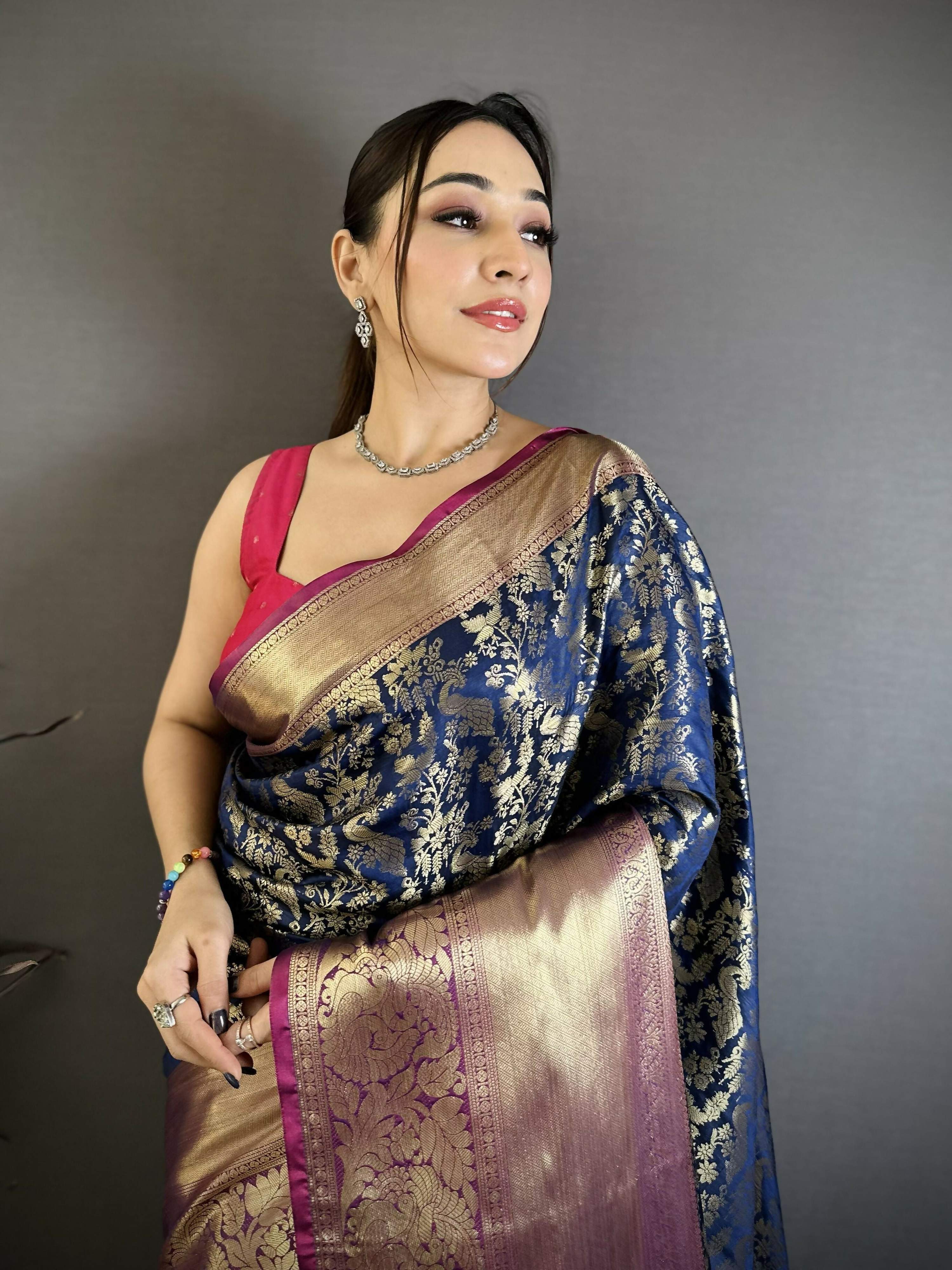 Prime Volt Pure Handloom Kanjivaram Katan Silk Saree with Antique Zari & Contrast Pallu-Deep Vibrant Blue | Grocsy