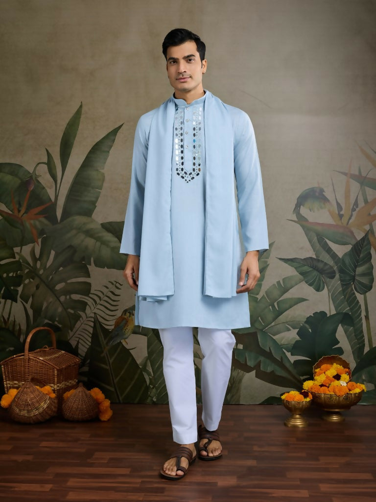 Vastranavya Sky Blue Exclusive Viscose Silk Festival Wear Real Mirror Work Kurta with Dupatta | Grocsy