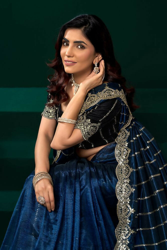 Joban Fashion Navy Blue Net Party Wear Sarees | Grocsy