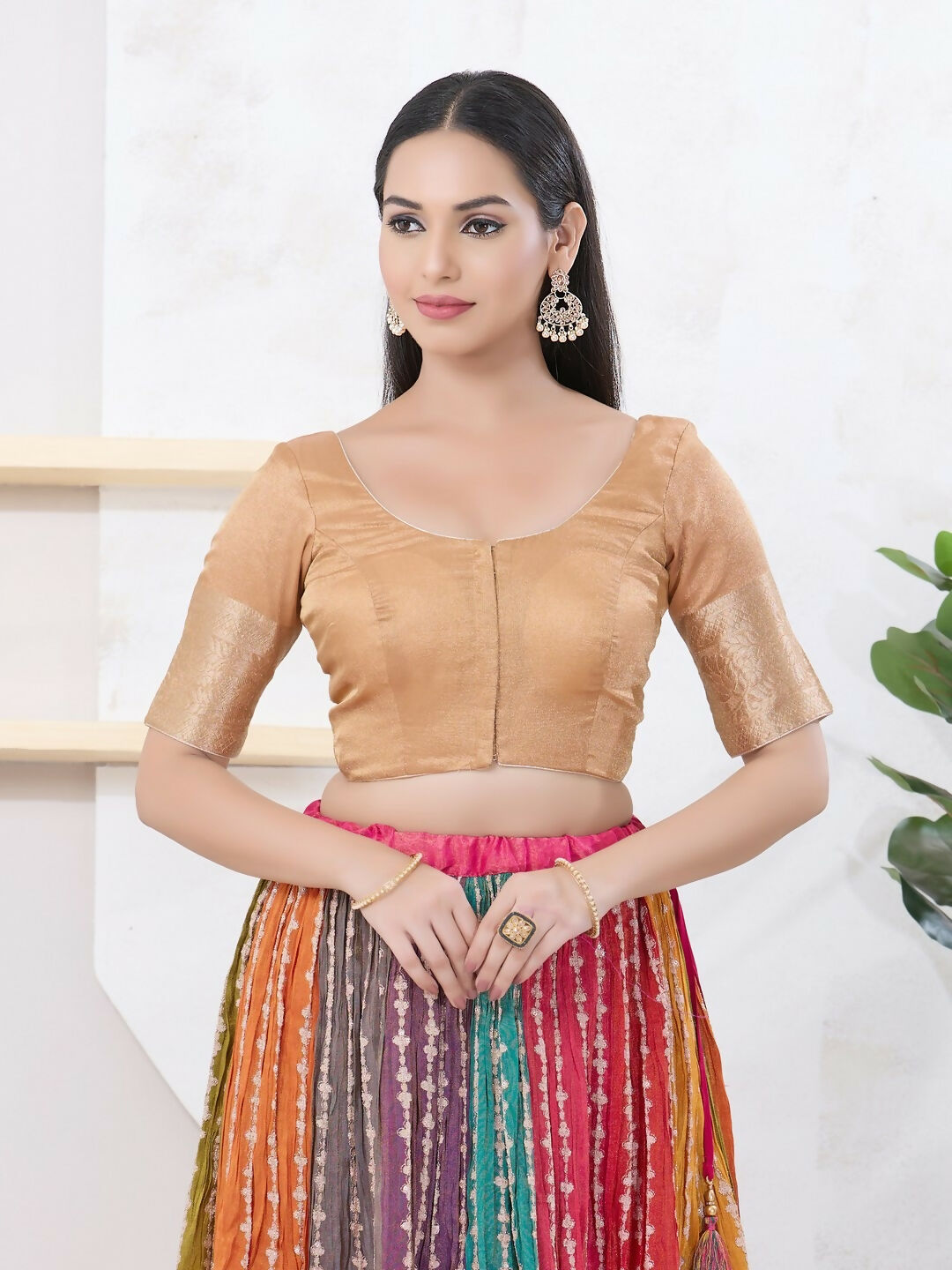 Joban Fashion Gold Brocade Elbow Sleeveless Front Open Blouse | Grocsy