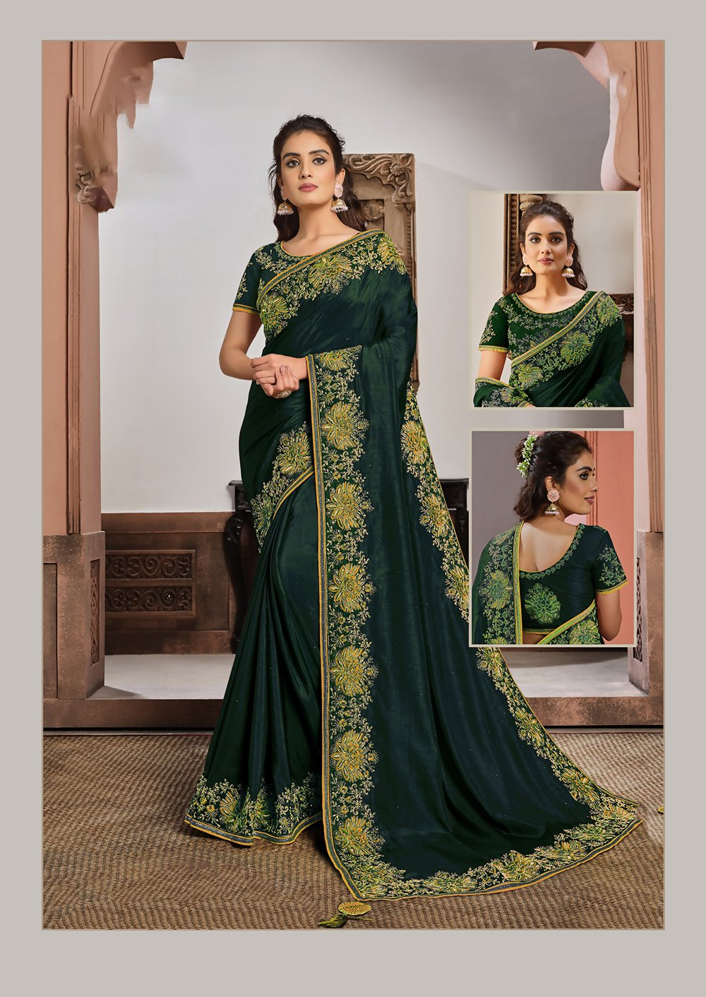 Green Silk Georgettesilk Thread And Cord Embroidery. Tassels Saree - Norita Hit | Grocsy