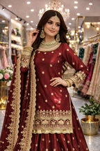 Teeya Creation Maroon Color Fendy Satin Heavy Embroidery Work Wedding Wear Stitched Lehenga Choli | Grocsy