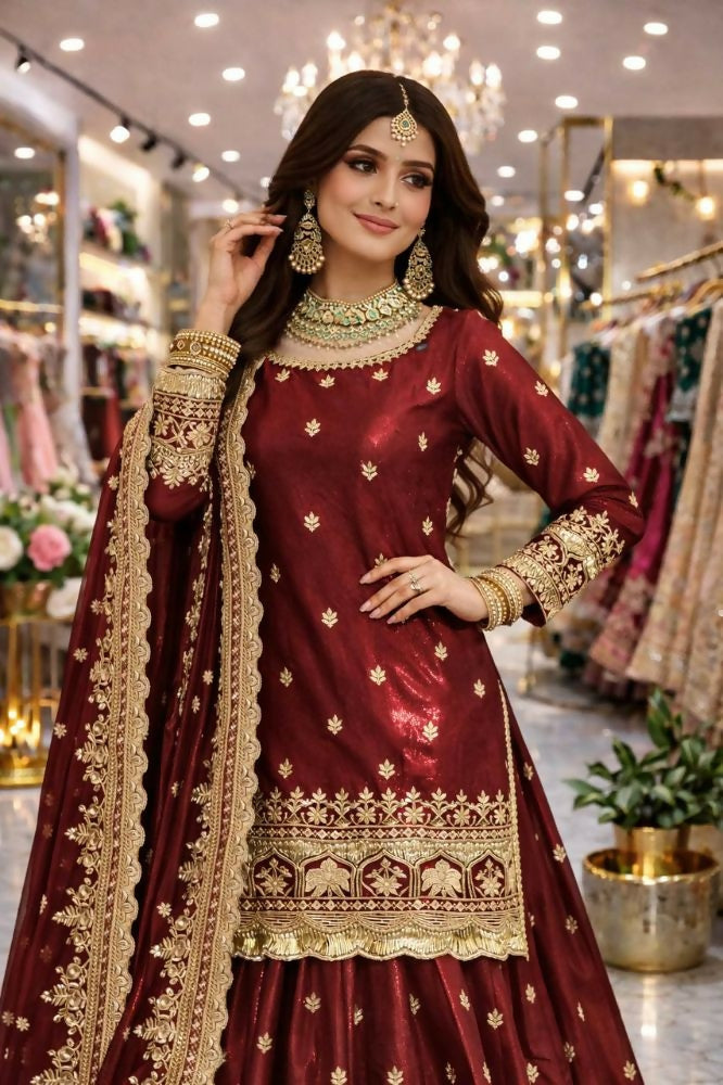 Teeya Creation Maroon Color Fendy Satin Heavy Embroidery Work Wedding Wear Stitched Lehenga Choli | Grocsy