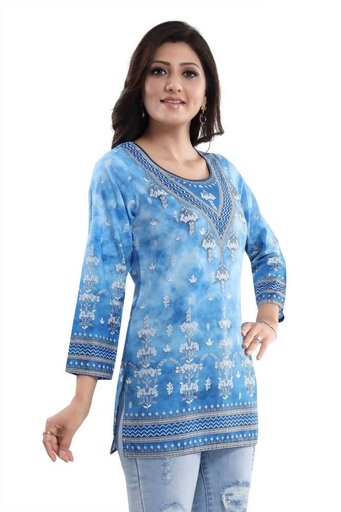 Snehal Creations Novelista Sky Blue Faux Crepe Printed Short Kurti Tunic | Grocsy
