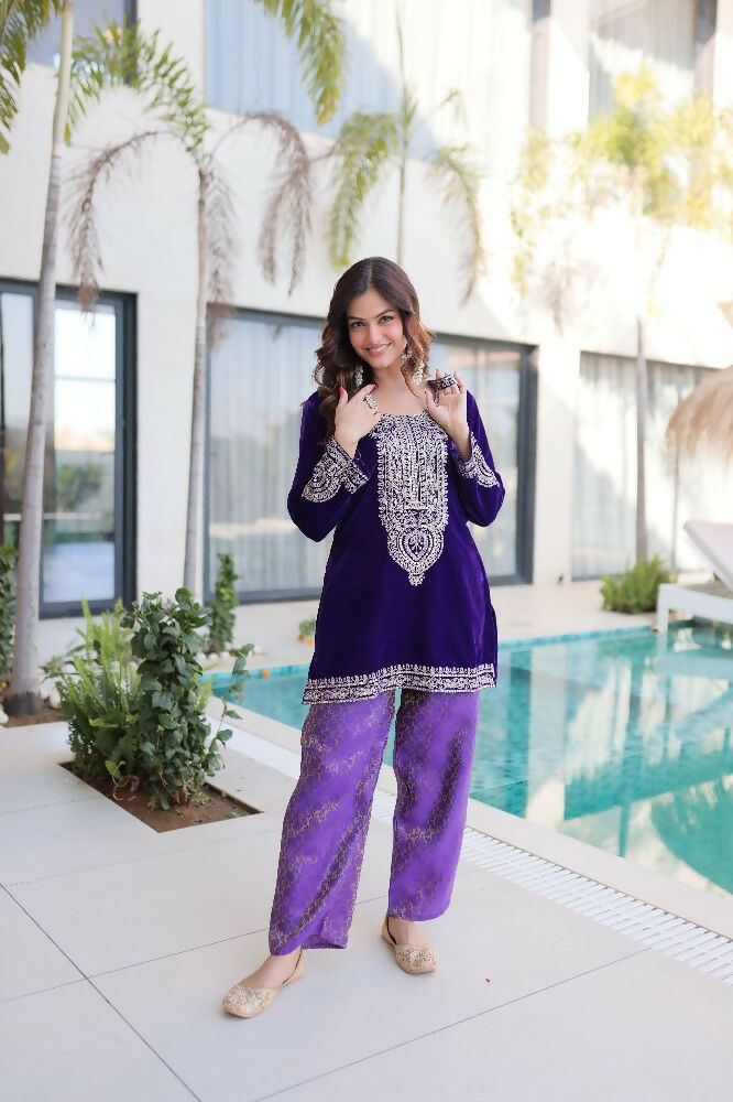 Joban Fashion Purple Kurta Set Velvet Sequins , Zari, Coding & Thread Embroidered work | Grocsy