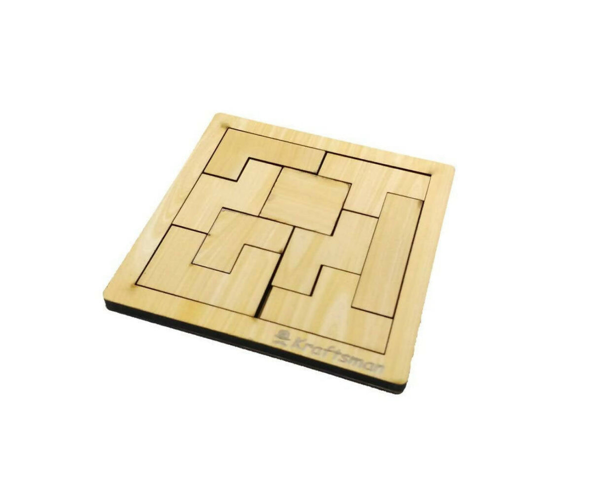 Kraftsman Portable Wooden Tetris Puzzle | 9 Pieces Puzzle 6x6 Board for Kids and Adults | Travel Pouch Included | Grocsy